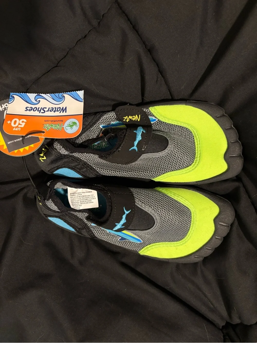 Neon Green Blue Gray Kids Water Shoes with Shark Accent